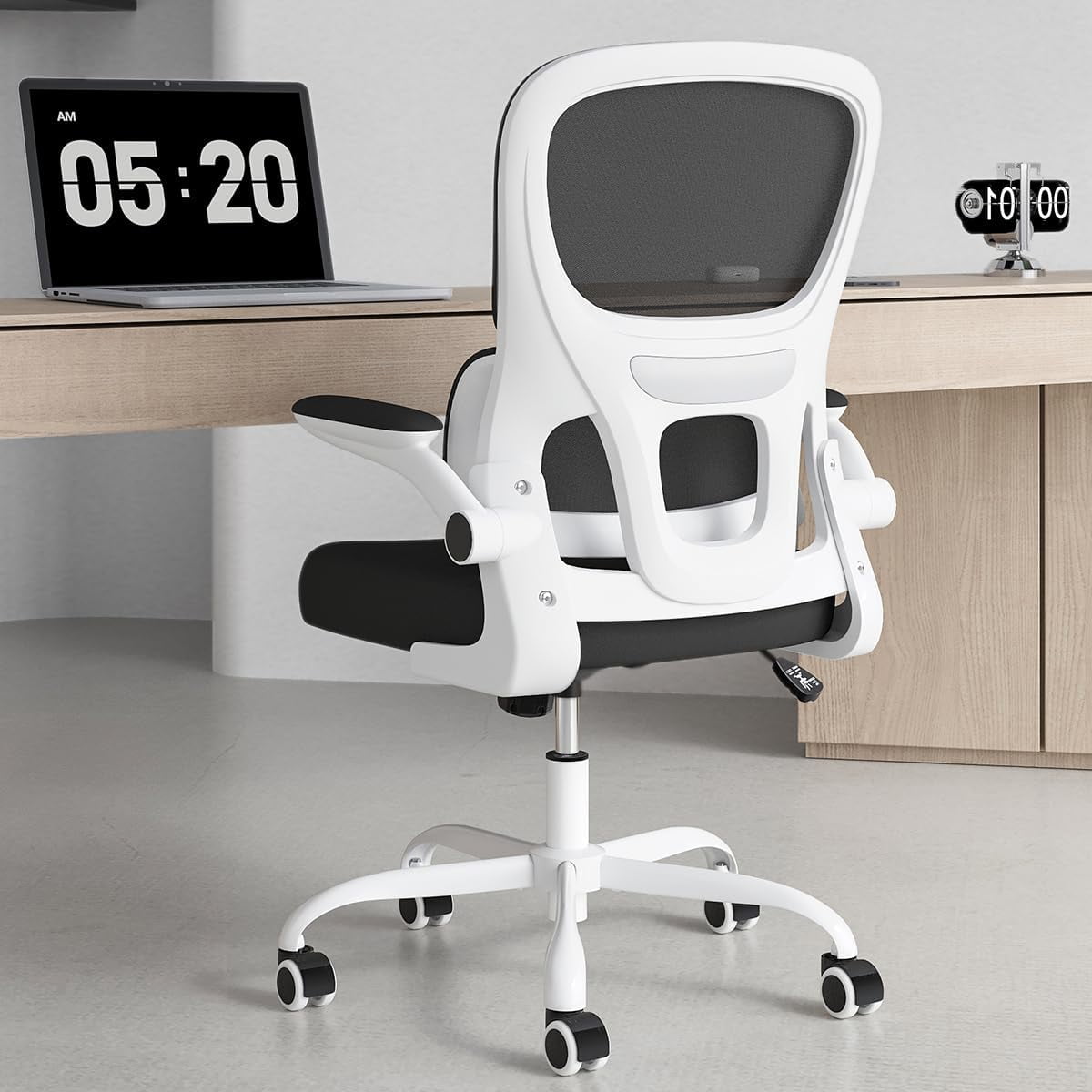 STARY Ergonomic Mesh Office Chair, Computer Chair with Lumbar Support and Flip-up Armrests, Comfy Desk Chair with PU Wheels for Home Office, White & Black