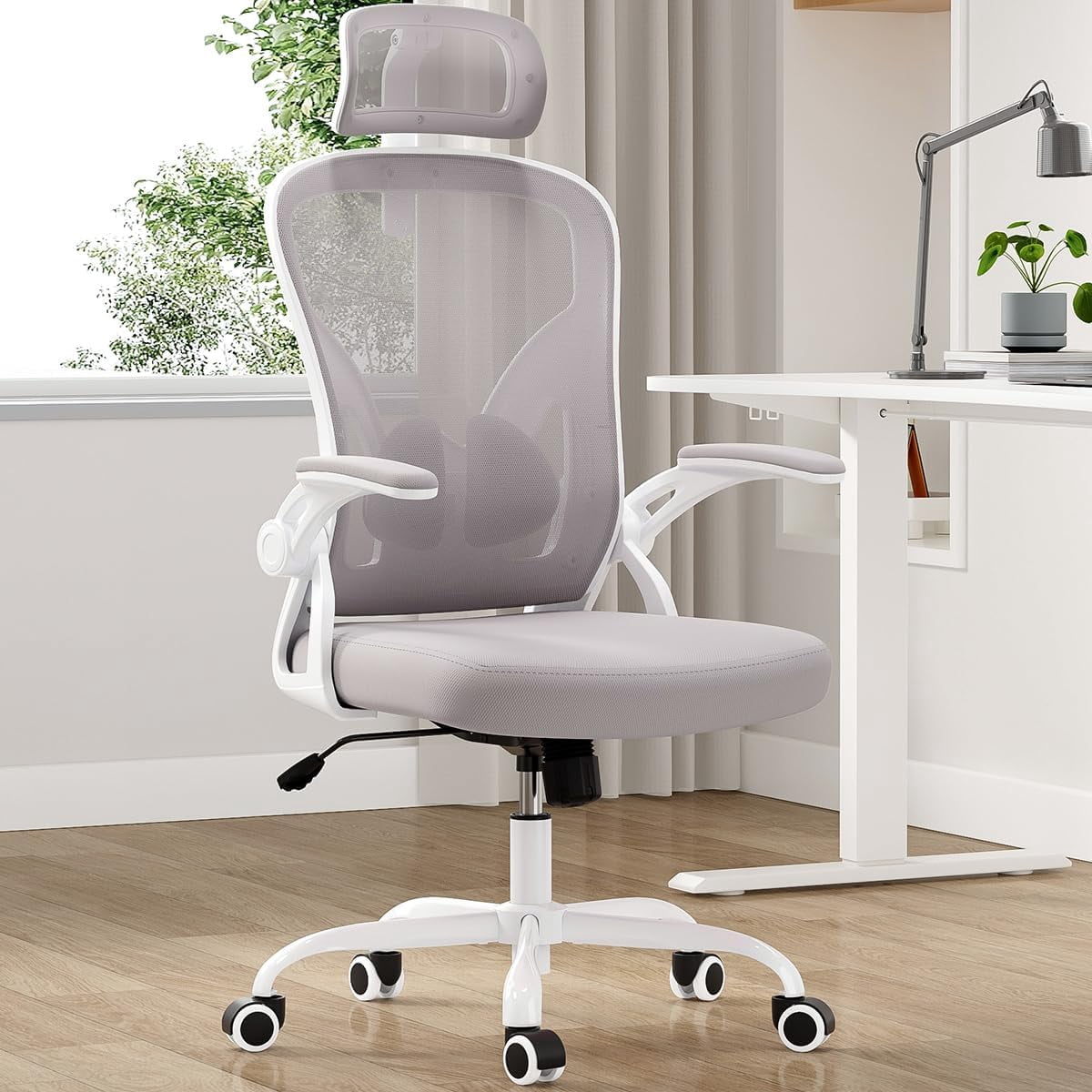 STARY Ergonomic Mesh Office Chair with Headrest, Tall Reclining Computer Chair with Adjustable Lumbar Support and Adjustable Arms for Home Office, White & Gray