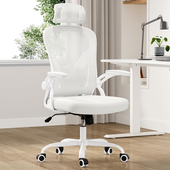 STARY Ergonomic Mesh Office Chair with Headrest, Tall Reclining Computer Chair with Adjustable Lumbar Support and Adjustable Arms for Home Office, White & White