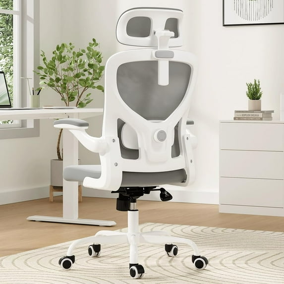 STARY Ergonomic Office Chair, Computer Chair with Adjustable Lumbar Support, Flip-up Arms and Headrest, Breathable Mesh Desk Chair for Home Office, White & Gray