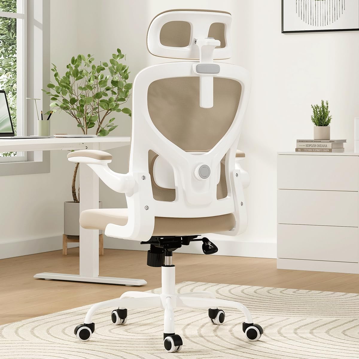STARY Ergonomic Office Chair, Computer Chair with Adjustable Lumbar Support, Flip-up Arms and Headrest, Breathable Mesh Desk Chair for Home Office, White & KAKI