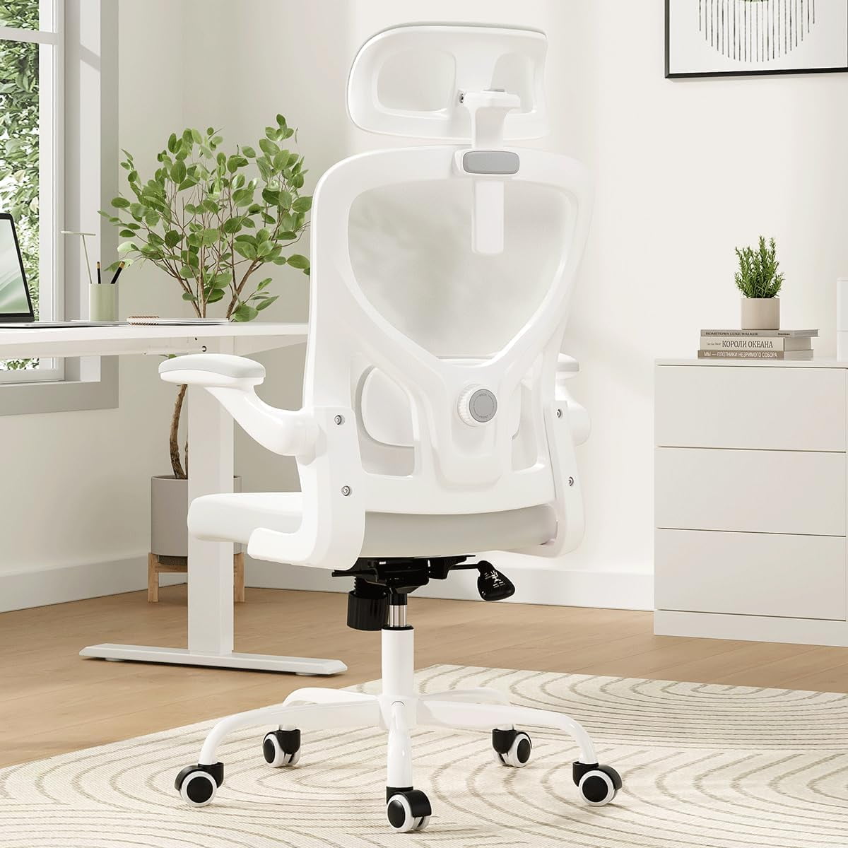 STARY Ergonomic Office Chair, Computer Chair with Adjustable Lumbar Support, Flip-up Arms and Headrest, Breathable Mesh Desk Chair for Home Office, White & White