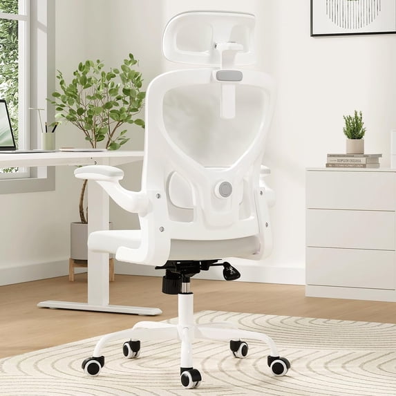 STARY Ergonomic Office Chair, Computer Chair with Adjustable Lumbar Support, Flip-up Arms and Headrest, Breathable Mesh Desk Chair for Home Office, White & White
