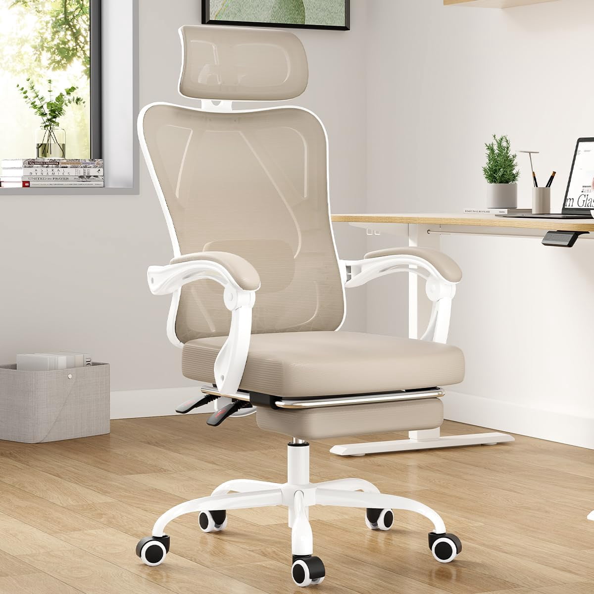STARY Ergonomic Office Chair with Footrest, High Back Mesh Desk Chair with Adjustable Headrest & Lumbar Support, Comfortable Computer Chair for Home Office Study, White & Khaki