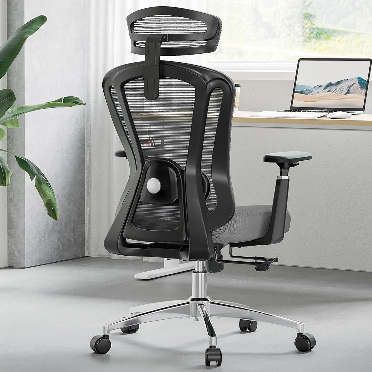 STARY High-Back Ergonomic Office Chair, Computer Desk Chair with Adjustable Seat Depth, 3D Armrests & Headrest, for Home or Office Use, Black & Grey