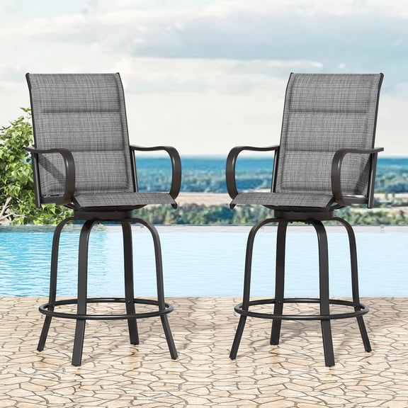 STARY Outdoor Bar Stools Set of 2, Swivel Patio Barstools with Textile Fabric,All Weather Bar Height Chairs with High Back and Armrest for Backyard,Grey