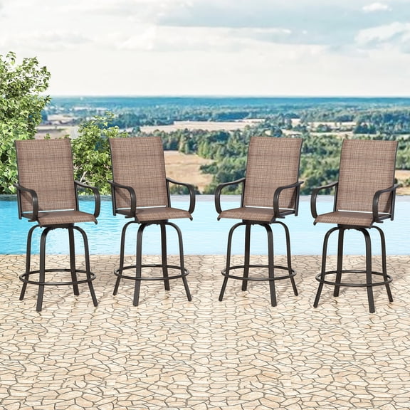 STARY Outdoor Bar Stools Set of 4, Swivel Patio Barstools with Textile Fabric,Ergonomic Comfort Bar Height Tall Outdoor Stools for Balcony,Brown