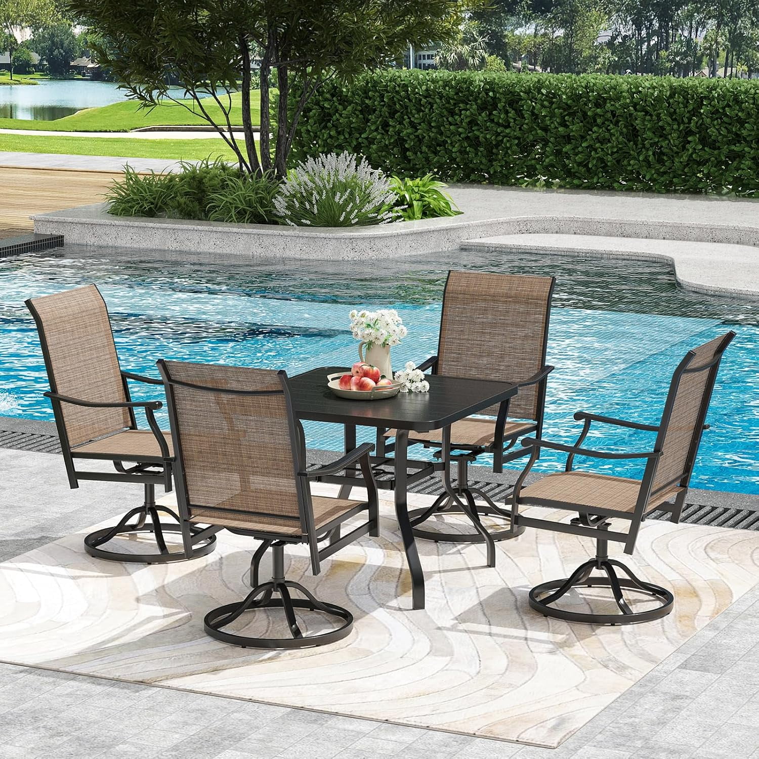 STARY Outdoor Dining Set for 4, 5-Piece Patio Table and Chairs Set, 4 x Swivel Patio Chairs with Textilene Fabric and 35"x35" Outdoor Dining Table with 1.57" Umbrella Hole for Poolside, Backyard