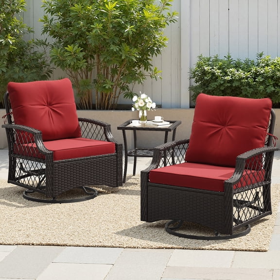 STARY Outdoor Swivel Rocker Chairs with Coffee Table, 3 Pieces Wicker Patio Furniture Set, Rattan Outdoor Bistro Set for Backyard, Red