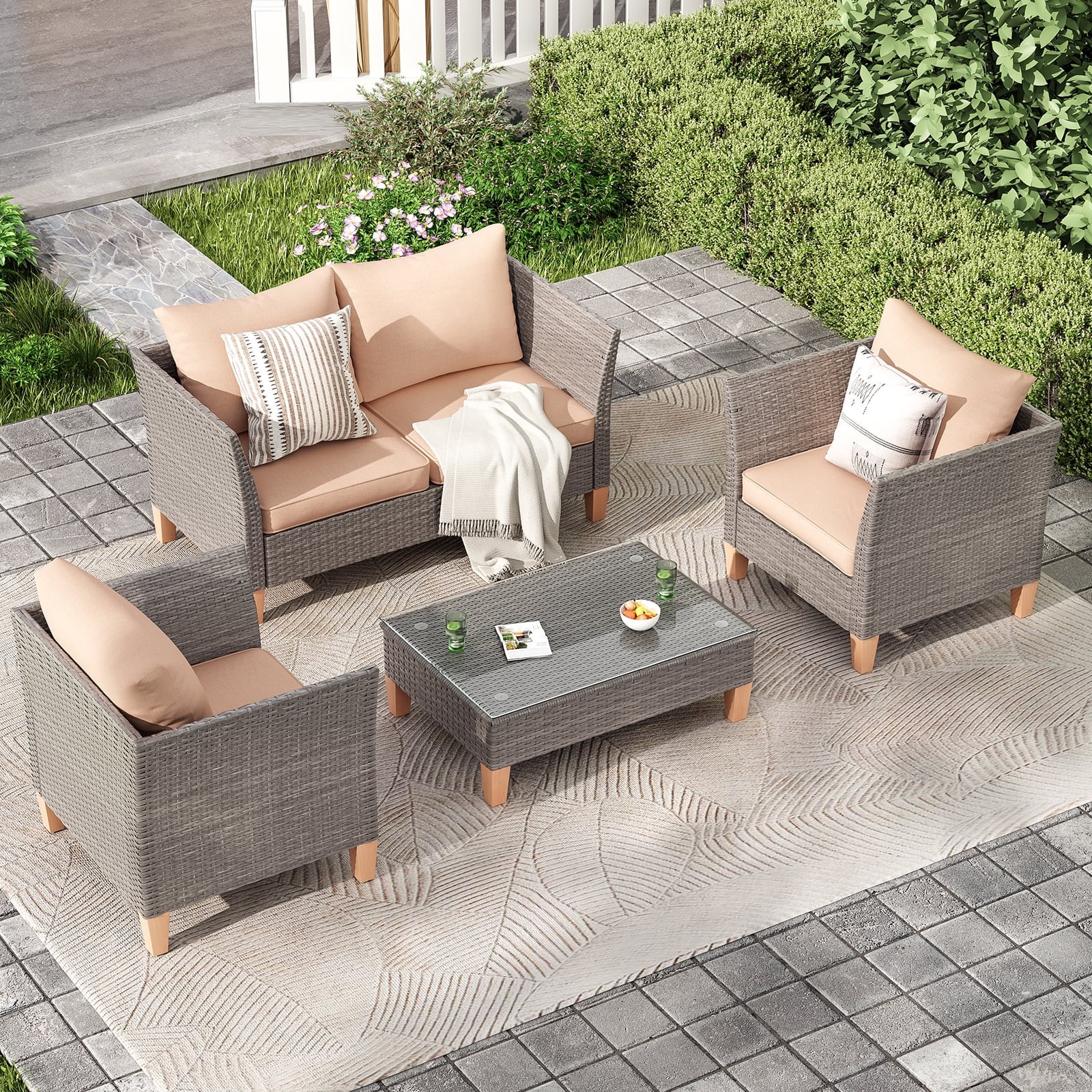 STARY Outdoor Wicker conversation sets, 4 Pieces Patio Furniture Sofa Set with Coffee Table, All Weather for Garden, Backyard, Balcony