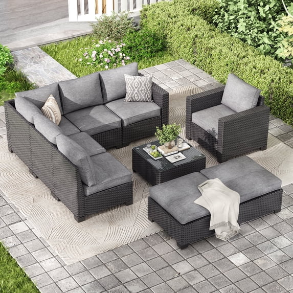 STARY Outdoor Wicker conversation sets, 9 Pieces Patio Furniture Sofa Set with Coffee Table, All Weather for Garden, Backyard, Balcony (Dark Gray)