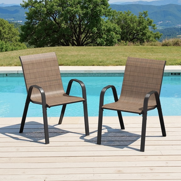 STARY Patio Stackable Chairs Set of 2, Outdoor Dining Chairs with Armrest for Backyard, Poolside, Brown