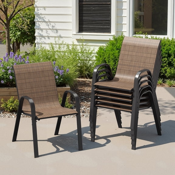 STARY Patio Stackable Chairs Set of 6, Outdoor Dining Chairs with Armrest for Backyard, Poolside, Brown