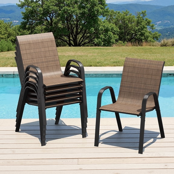 STARY Patio Stackable Chairs Set of 6, Outdoor Dining Chairs with Armrest for Backyard, Poolside, Brown