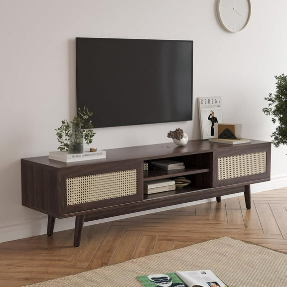 STARY Rattan TV Stand for TVs, Wood TV Stand Mid Century Modern TV Stand TV Media Console with Drawer and 2 Cabinets, Boho Entertainment Center for Living Room