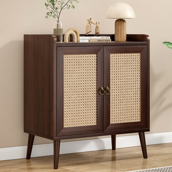 STARY Sideboard Buffet Cabinet Bar Cabinets with Rattan Decorated Doors(Walnut)