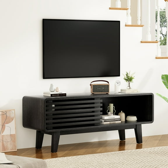 STARY TV Stand for TV up to 59", Entertainment Center with Storage and Sliding Door, Black