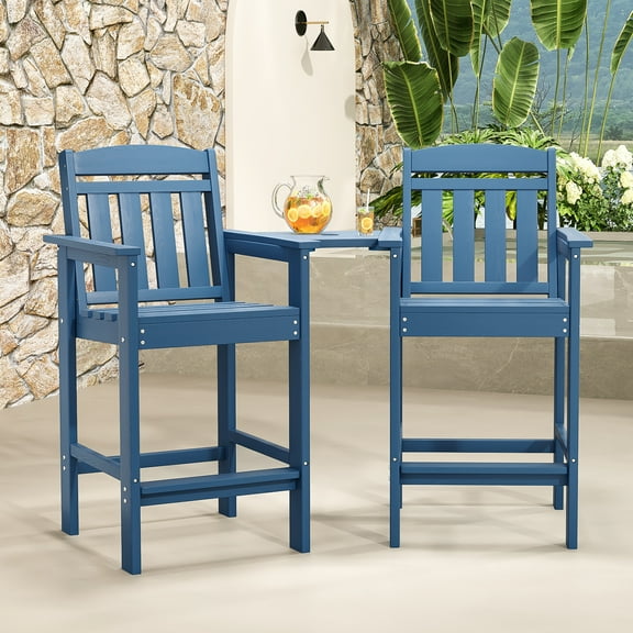 STARY Tall Adirondack Chairs Set of 2, HDPE Adirondack Bar Stools with Connecting Tray, Bar Height Adirondack Chair Patio Barstool, Ideal All Weather Tall Patio Chair for Balcony, Poolside, Backyard