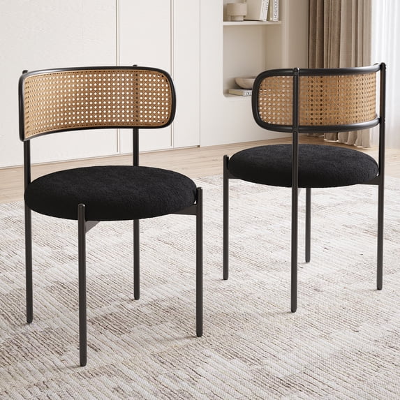 STARY Upholstered Dining Chair Set of 2, Rattan Backrest Kitchen Chair, Black