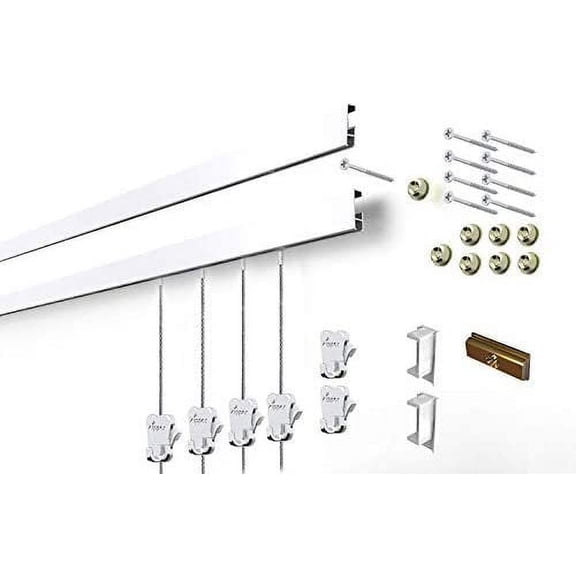STAS Cliprail Picture Hanging System Set - Covers 19.69 ft of Wall Space - Basic Picture Rail & Art Hanging Gallery Kit White Rails, Includes 12 Hooks & Cords