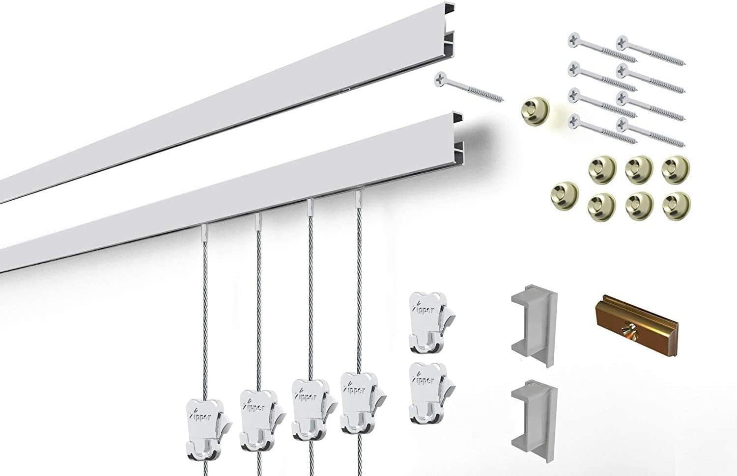 STAS Cliprail Picture Hanging System Set - Covers 9.84 ft of Wall Space - Basic Picture Rail & Art Hanging Gallery Kit Matte Silver Rails, Includes 6 Hooks & 4 Cords