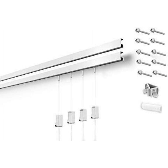 STAS Minirail Picture Hanging System Set - Covers 19.69 ft of Wall Space - Smallest Picture Rail & Art Hanging Gallery Kit for Art Display White Rails, Includes 8 Hooks & Cords