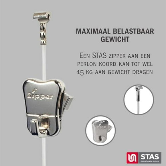 STAS Picture Hanging System minirail White 150 cm - Complete kit, incl. 2 Cords 150cm with Hooks