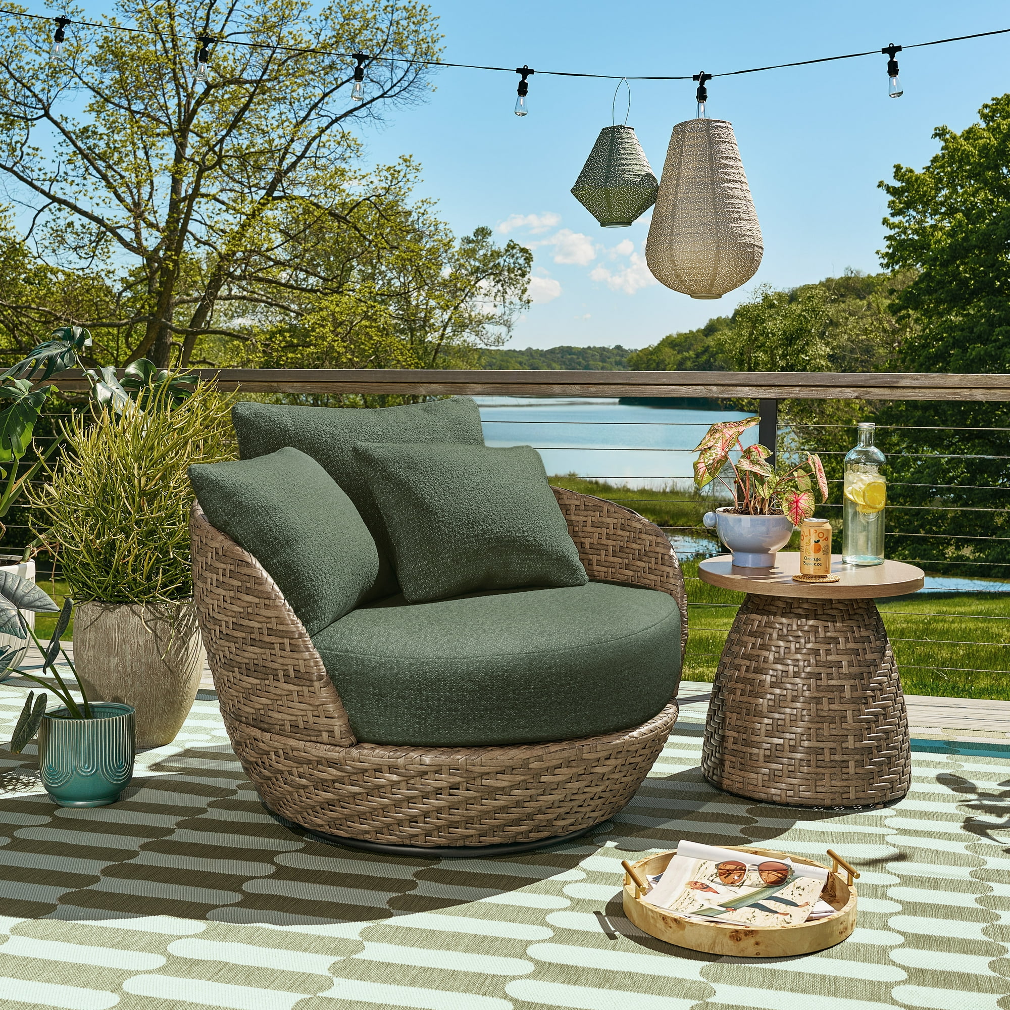 Beautiful Wicker Outdoor Swivel Chair with Boucle Cushions, Brown/Thyme by Drew Barrymore