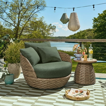 Beautiful Wicker Outdoor Swivel Chair with Boucle Cushions, Brown/Thyme by Drew Barrymore