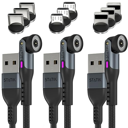 STATIK 360 Magnetic Charging Cable - Type C Charger 3 in 1 USB C to USB C Cable, Micro USB & iProduct Tips, USB A Adapter, Phone Charger Cord, Compatible with All Devices - Black 6FT/2M