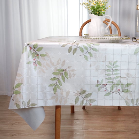 STATINT 55 in. W x 78 in. L Vinyl Tablecloth Cottage Style Light Green Leaf Branch Waterproof Tablecloth