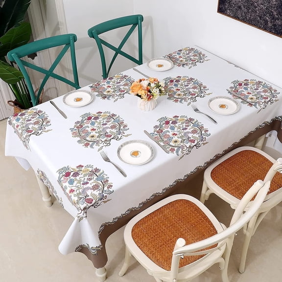 STATINT Embroidery Flower Vinyl Tablecloth, Oil Spill Proof Wipeable PVC Table Cover, Rectangular, Ivory, 55 in. x 106 in.