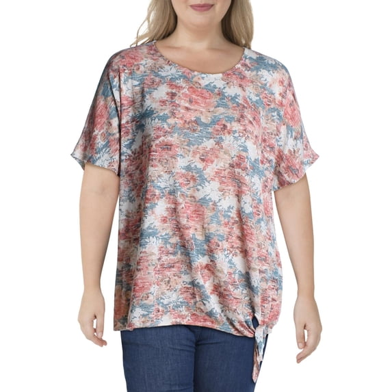 STATUS BY CHENAULT Womens Pink Stretch Floral Elbow Sleeve Scoop Neck Top Plus 1X
