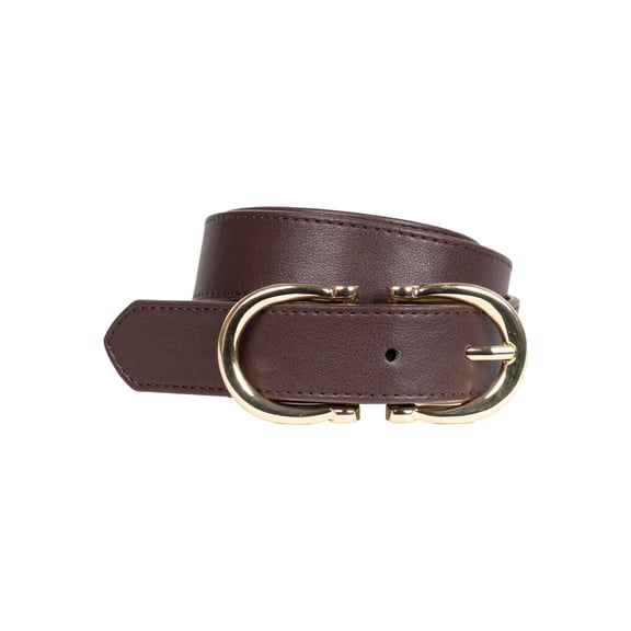Status Double Buckle Designer Belt with Light Gold Polish Faux Leather