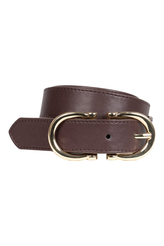 Status Double Buckle Designer Belt with Light Gold Polish Faux Leather