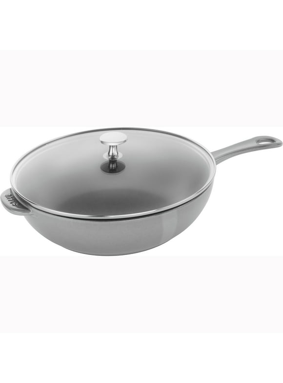 STAUB Cast Iron Pan with Lid 10-inch, 2.9 Quart Serves 2-3, Fry Pan, Cast Iron Skillet, Wok, Made in France, Graphite Grey