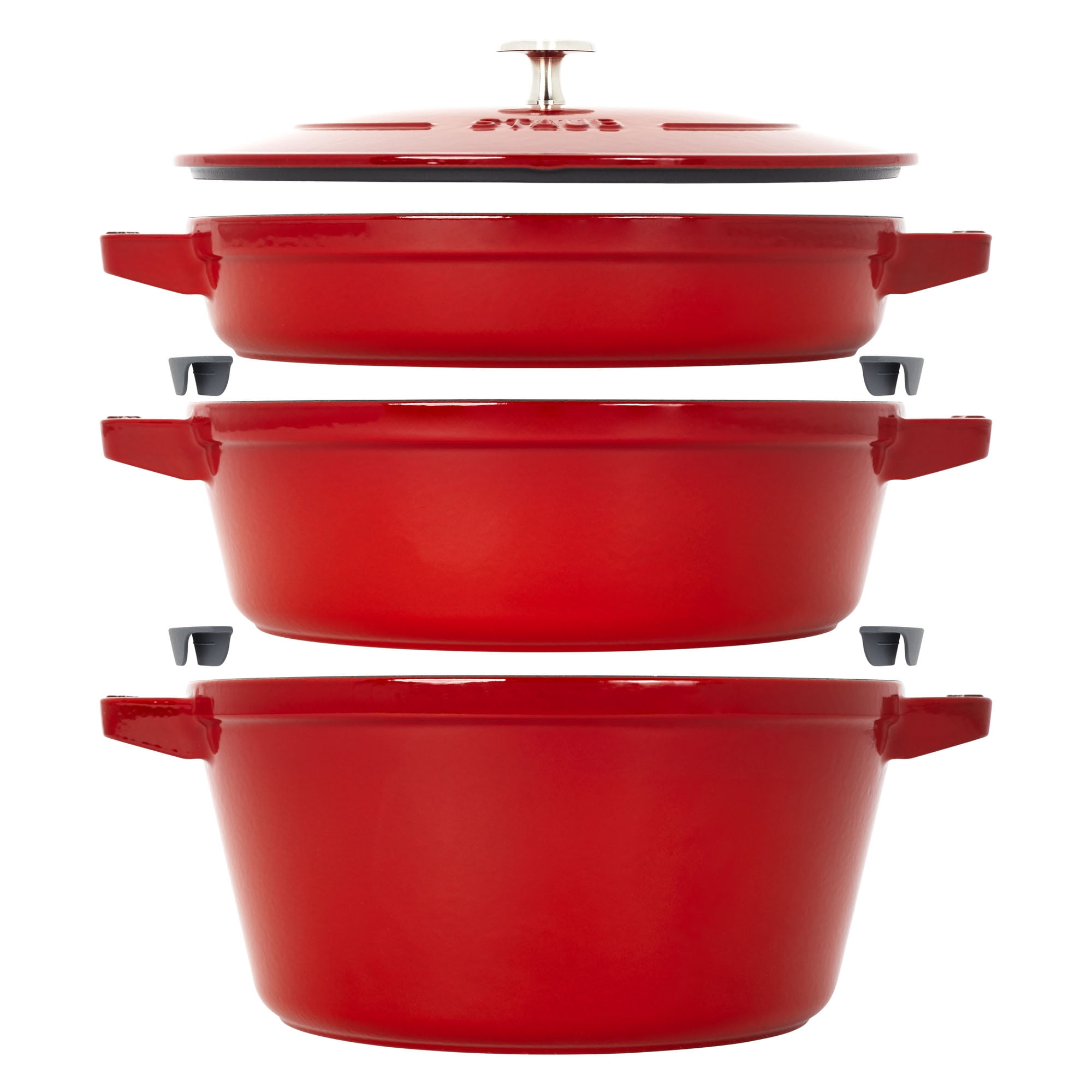 STAUB Cast Iron Set 4-pc, Stackable Space-Saving Cookware Set, Dutch Oven  with Universal Lid, Made in France, Cherry 