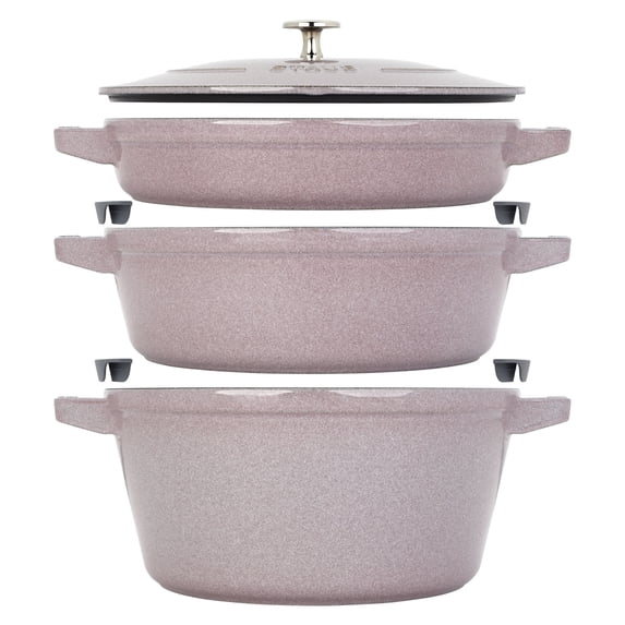 STAUB Cast Iron Set 4-pc, Stackable Space-Saving Cookware Set, Dutch Oven with Universal Lid, Made in France, Lilac