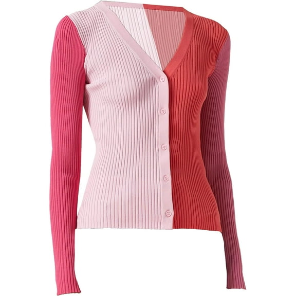 STAUD Women Cargo Sweater Flamingo Pink Red Color Block Ribbed Knit V-Neck