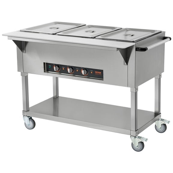 STAWAY 3-Pan Food Warmer - 1500W Electric Steam Table with 3 x 20.6QT Pans, Independent Temp Control, Lockable Wheels, Stainless Steel for Catering & Parties