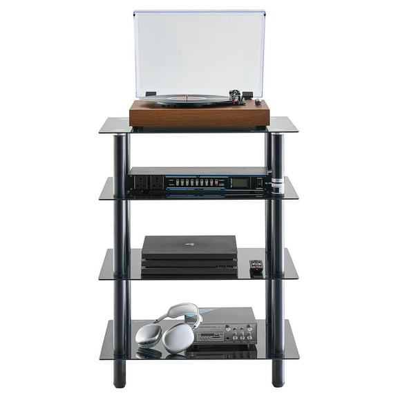 STAWAY 4-Tier AV Media Stand - Modern Black Glass & Silver Design for DVD Players, Game Consoles, & Stereo Equipment - Adjustable Shelves, Sturdy Corner Shelf for Living Room & Office