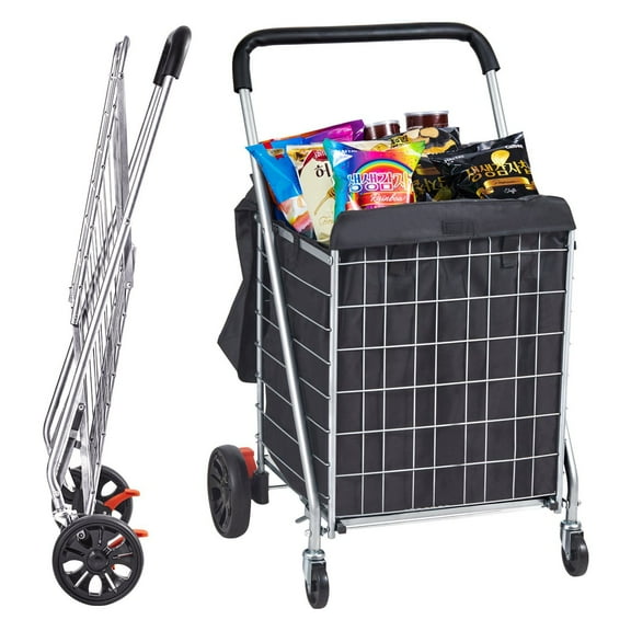 STAWAY Heavy Duty Folding Shopping Cart - 200 lbs Capacity Utility Trolley with 360 Wheels, Compact Design for Grocery, Laundry & Outdoor Use - Silver