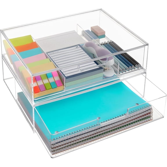 STAX Plastic Stackable Organizer Drawers (Set of 2) Clear | 12.5" Wide | Set Includes One Open Drawer & One Divided Drawer | Organize Office Desk Accessories & Sort Paper | Made in USA