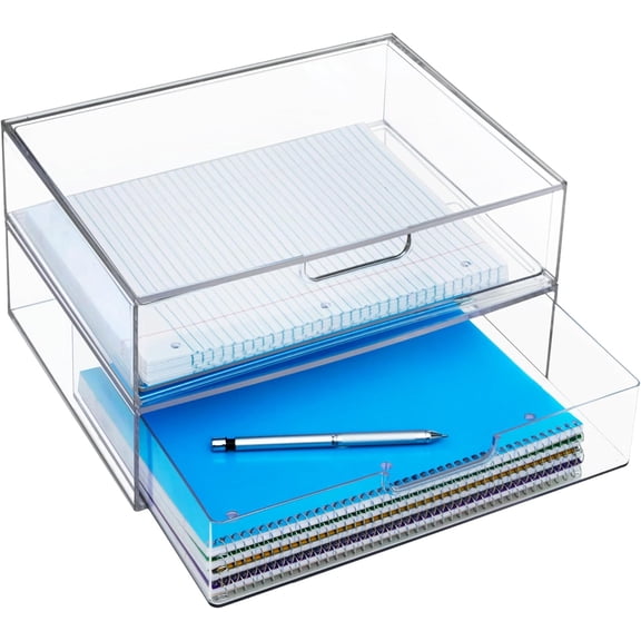 STAX Plastic Stackable Organizer Drawers (Set of 2) Clear | 12.5" Wide | Set Includes Two Open Drawer | Organize Office Desk Accessories & Sort Paper | Made in USA