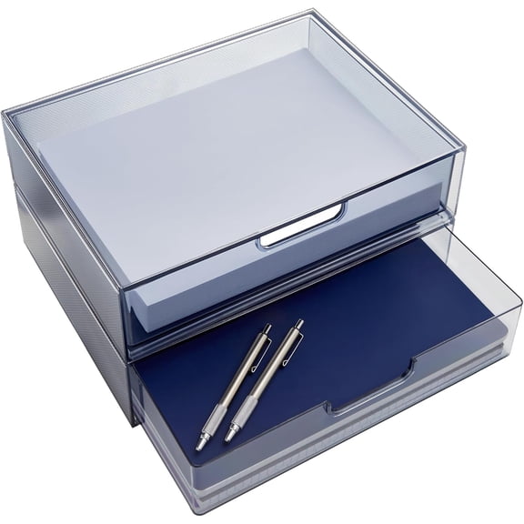 STAX Stackable Organizer Drawers (Set of 2) Classic Grey | 12.5" Wide | Set Includes Two Open Drawer | Organize Office Desk Accessories & Sort Paper |