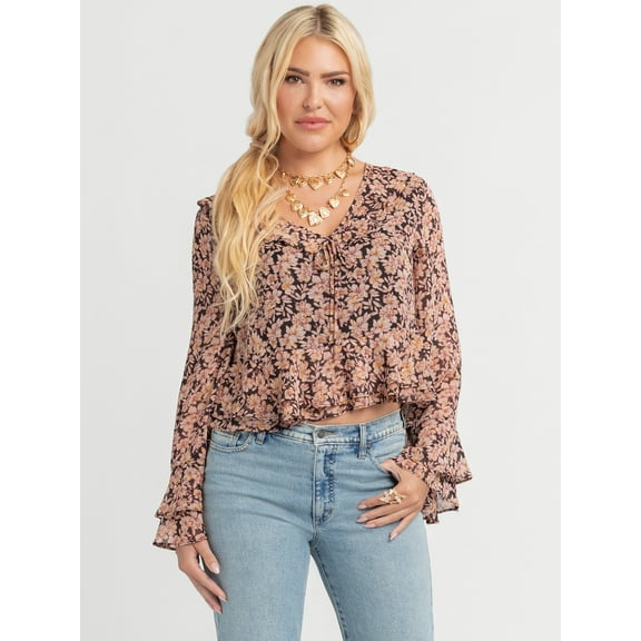 Jessica Simpson Women's Stayce Cropped Ruffle Top with Long Sleeves, Sizes XS-XL