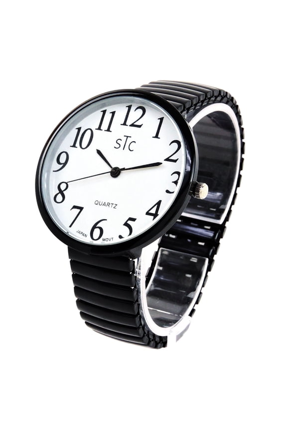 Black Super Large Face, Case Size 43mm Stretch Band Japanese Movement Easy to Read Watch - NIB