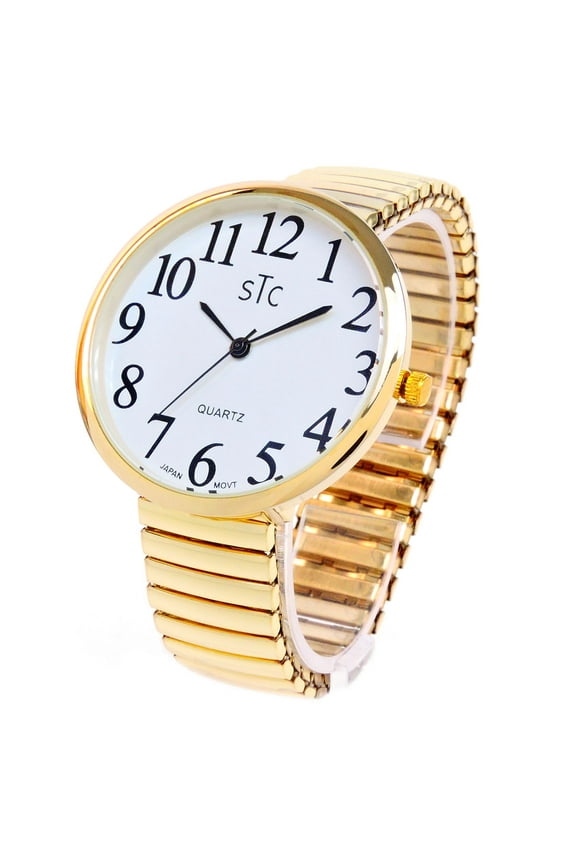Gold Super Large Face Case Size 43mm Easy to Read Stretch Band Watch - New in a Box