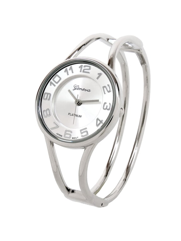 Silver Round Face Metal Double Band Fashion Women's Bangle Cuff Watch