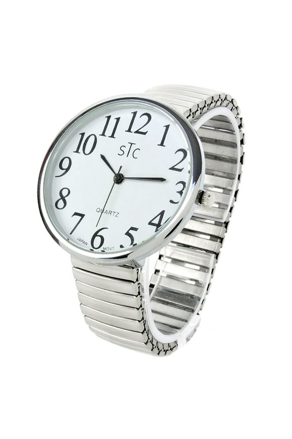 Silver Super Large Case Size 43mm Stretch Band Easy to Read Unisex Watch - New in Gift Box